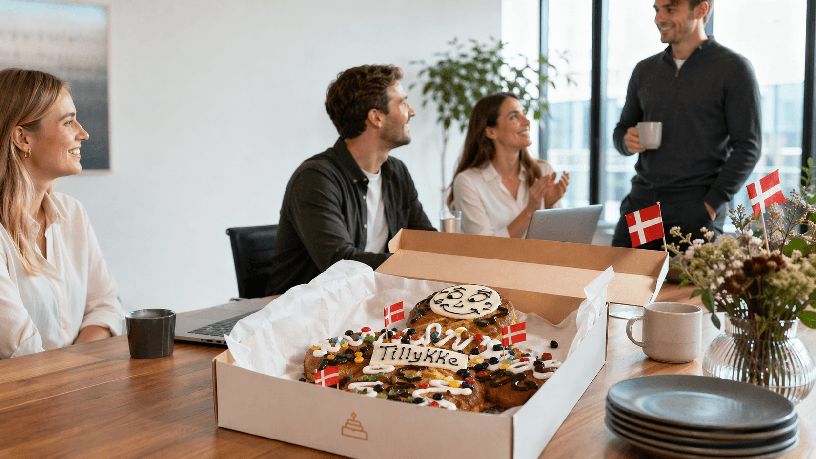 Kollegaer i et lyst møderum med en kagemand i Kagekassen-emballagen på bordet